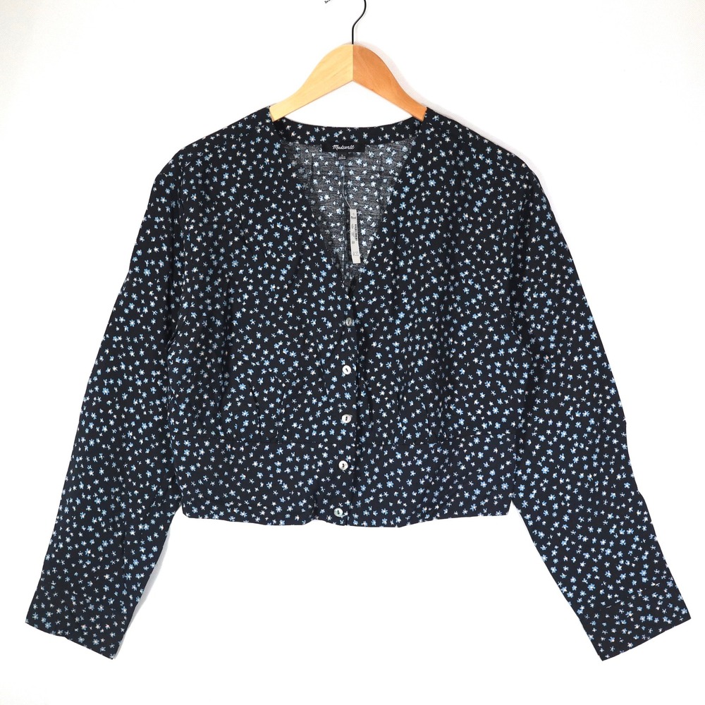 Madewell Button Front Top Womens L NWT Black Blue Floral Cropped Casual Blouse